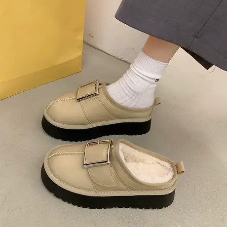包头半拖鞋外穿女2023年秋冬季新款绒面家居复古拖鞋松糕厚底棉拖商品大图