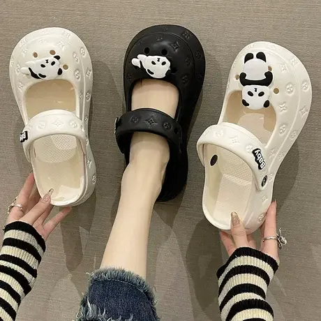 新款洞洞鞋女夏季外穿可爱熊猫厚底增高防滑包头两穿玛丽珍凉拖鞋图片