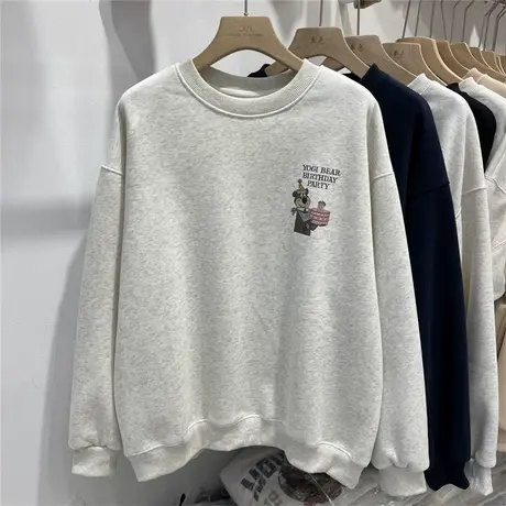 字母卡通印花加绒卫衣女2023年秋冬新款学院风宽松圆领套头衫上衣图片