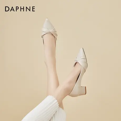 达芙妮尖头单鞋女2022年春秋新款夏季中跟浅口白色粗跟配裙小皮鞋商品大图