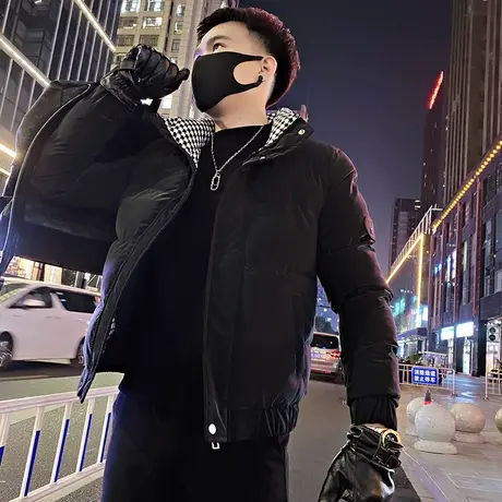 潮牌棉衣男冬季2023新款格子拼接设计感时尚修身短款立领棉服外套图片