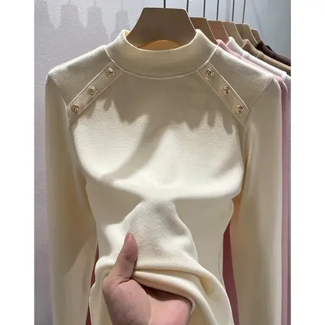 双面德绒加绒加厚长袖T恤女秋冬季修身半高领打底衫内搭外穿上衣商品大图