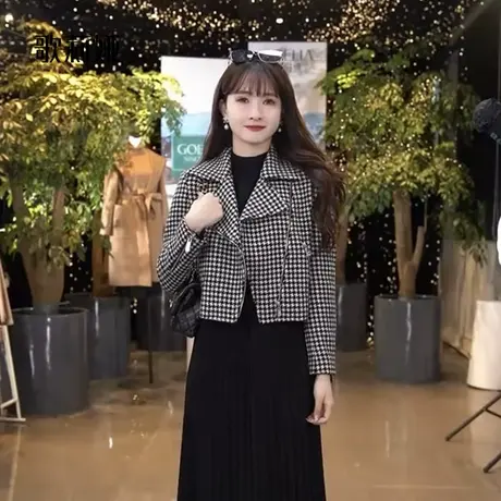 可水洗|歌莉娅秋季新款千鸟格短外套女气质开衫外搭夹克1B9C6E0C0商品大图