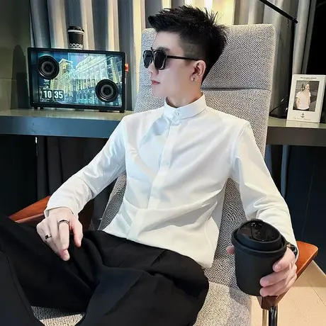 中式衬衫男春秋季新款轻熟风韩版男装上衣修身纯色休闲长袖衬衣图片