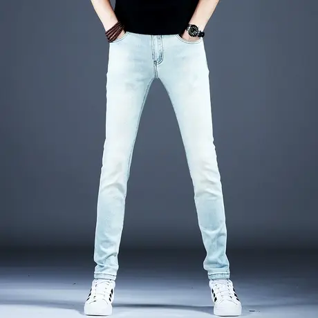 男士高端牛仔裤男款秋冬款浅白色裤子潮流男2023新款长裤小脚修身商品大图