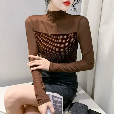 欧货时尚网纱亮烫钻拼接长袖打底衫洋气减龄内塔上衣女修身T恤ins商品大图