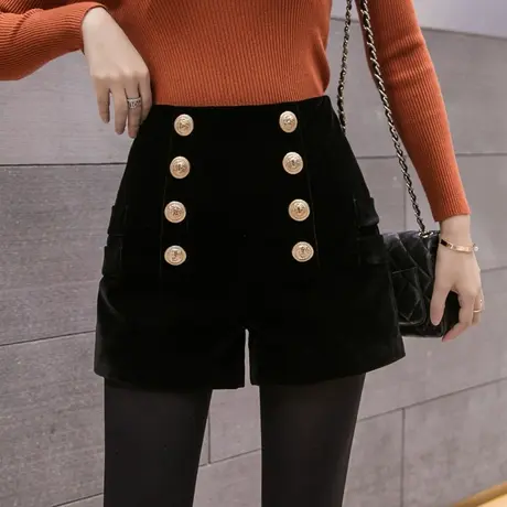 短裤女秋冬2023新款双排扣黑色金丝绒阔腿裤外穿a字高腰显瘦靴裤图片