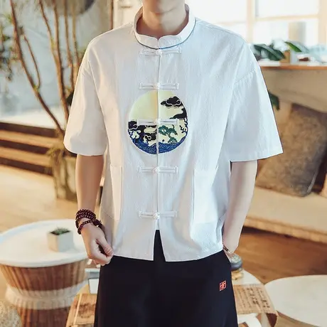 夏季中国风盘扣唐装上衣男青年刺绣棉麻衬衫五分袖居士服改良汉服图片