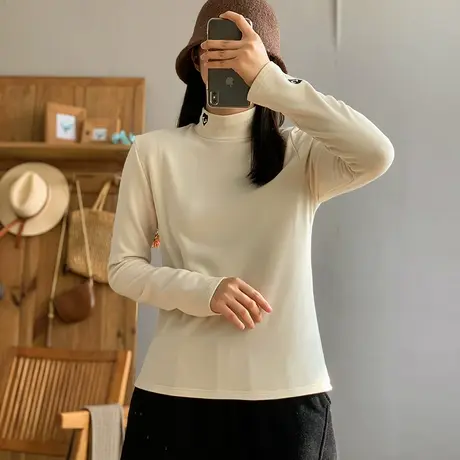 dza 复古高领纯色全棉薄绒上衣女春秋宽松长袖T恤宽松休闲打底衫商品大图