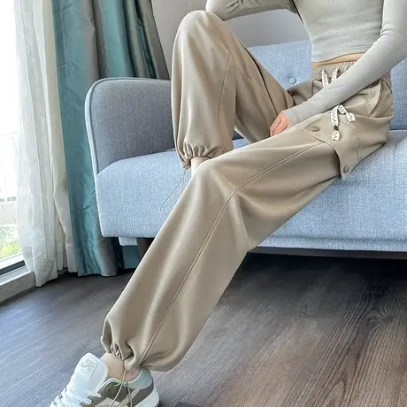 运动休闲裤女直筒裤2024年春秋新款宽松高腰小个子束脚美式工装裤商品大图