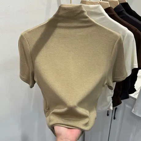 褶皱下摆短袖T恤女韩版修身打底衫夏季百搭半高领上衣体恤ins潮牌图片