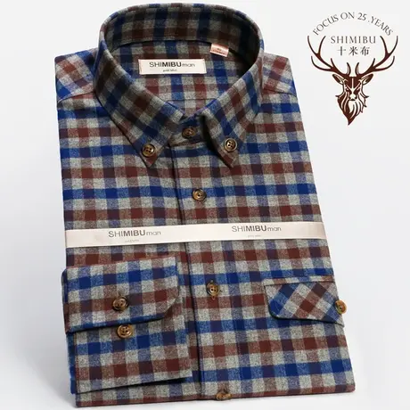 十米布春季新款纯棉格纹磨毛衬衫修身全棉男士休闲长袖格子衬衣商品大图