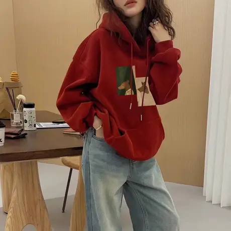 复古连帽卫衣女2024新款美式潮牌加绒闺蜜外套ins潮冬季喜庆上衣商品大图