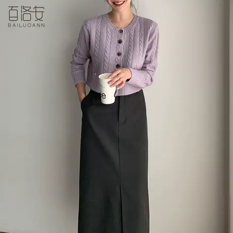 百洛安短款针织外套女厚外搭开衫2024春时尚复古圆领长袖麻花毛衣图片