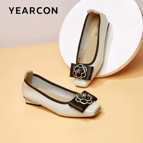 意尔康真皮单鞋女2024春季新款山茶花扣饰平底方头一脚蹬懒人鞋商品大图