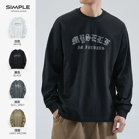 hansca 纯棉重磅260g长袖t恤男夏季宽松黑色休闲运动发泡印花上衣商品大图