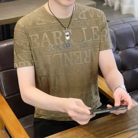 2024夏季新款冰丝短袖T恤男士潮流时尚提花烫钻半袖体恤潮牌男装图片