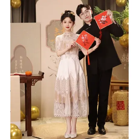 订婚礼服裙夏季蕾丝设计感敬酒服新娘高级感回门服连衣裙领证白色商品大图