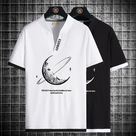 假两件V领短袖t恤男士夏季新款polo衫衣服潮流青少年棉感印花体恤商品大图