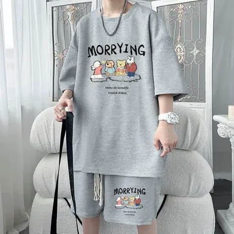 短袖套装男士夏季华夫格圆领半袖t恤搭配潮牌短裤休闲运动两件套T图片