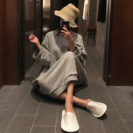 2018秋冬新款卫衣女过膝长款韩版宽松大码时尚长袖灰色卫衣连衣裙商品大图