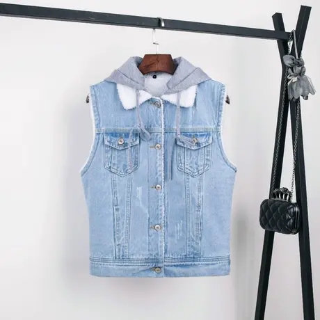 秋冬新款加绒羊羔毛牛仔马甲女加厚马夹背心无袖外套浅色带帽大码商品大图