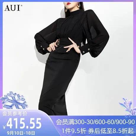 AUI黑色灯笼袖雪纺包臀连衣裙女2023春季新款御姐气质修身中长裙图片