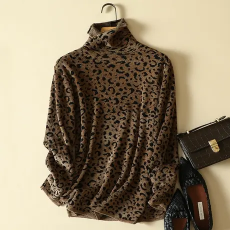 天鹅绒豹纹提花高领套头毛衣女新款秋冬内搭针织衫弹力显瘦打底衫商品大图