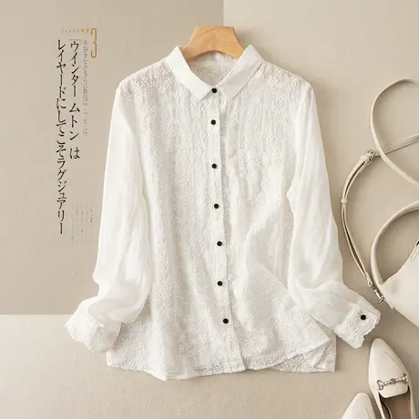 享永子重工刺绣苎麻衬衫女文艺复古高级感百搭上衣2023秋季新款商品大图