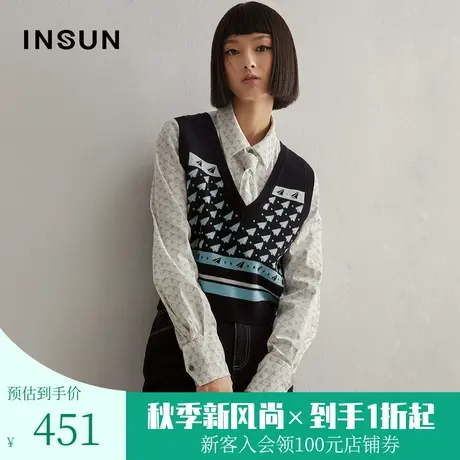 恩裳冬季时尚印花羊毛v领无袖宽松短款马夹针织衫女图片