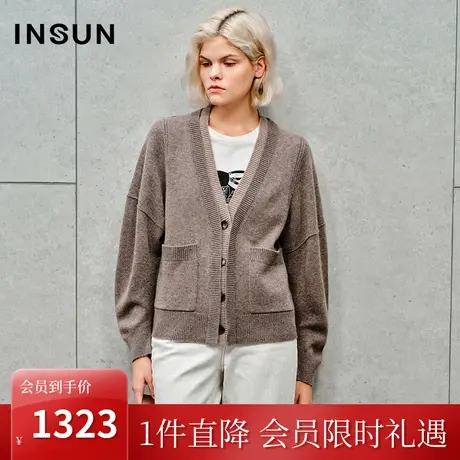 恩裳2023秋装新款简约撞色拼接设计针织衫温暧羊毛羊绒开衫外套女商品大图