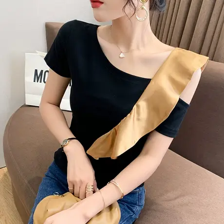性感露肩短袖T恤女2023夏季新款设计感拼色荷叶边上衣紧身小衫ins商品大图