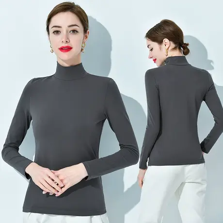 纯棉t恤女春秋2023新款小立领打底衫内搭上衣修身长袖半高领体恤商品大图