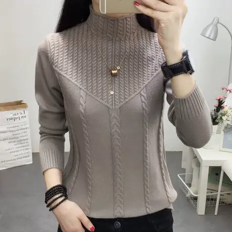 秋冬温柔风套头毛衣打底衫宽松纯色半高领麻花针织衫短款加厚上衣商品大图