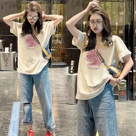 纯棉杏色2023新款字母印花短袖T恤女潮流学生宽松休闲正肩中长款商品大图