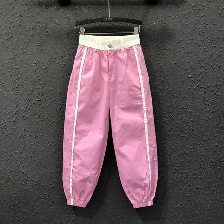 粉色撞色工装裤2023年春夏新款薄款休闲束脚裤高腰显瘦九分哈伦裤图片