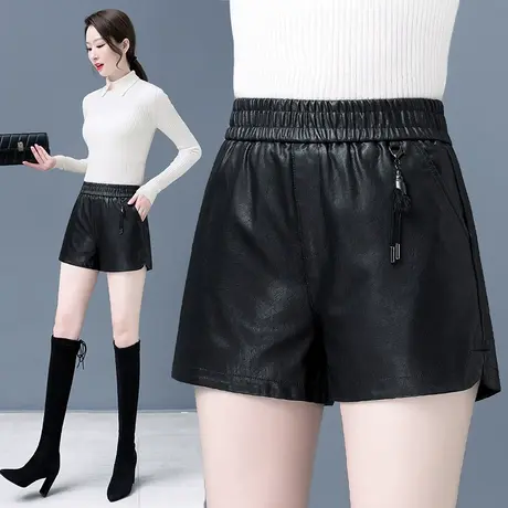 高腰皮短裤女秋冬2023新款黑色显瘦阔腿pu皮裤女士松紧腰外穿靴裤图片