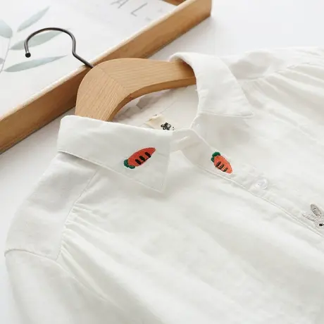 春装日系小清新文艺刺绣双层纱纯棉白衬衫女长袖宽松百搭叠穿衬衣商品大图