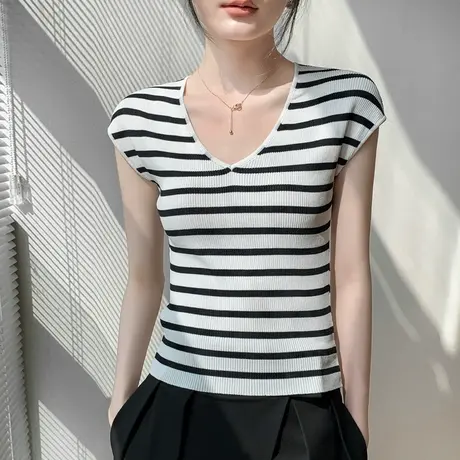黑白条纹短袖t恤女2023夏季桃心领修身外穿坎肩无袖打底上衣薄款商品大图