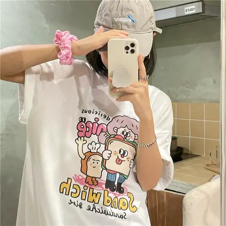 红续日系卡通趣味印花T恤女2023百搭小个子正肩纯棉短袖宽松显瘦图片