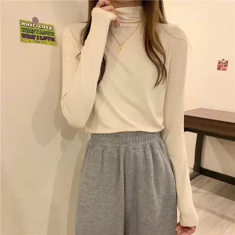 德绒半高领打底衫女春秋冬内搭修身百搭加绒加厚双面磨毛长袖T恤图片