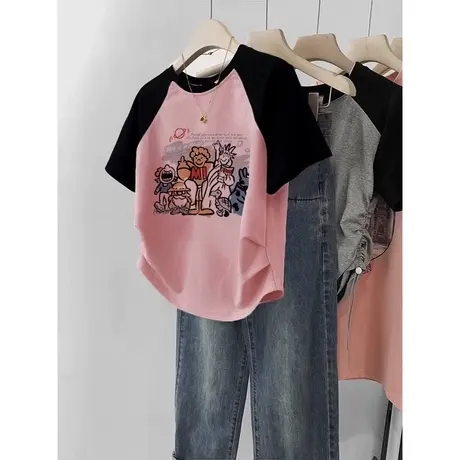 ins超火撞色拼接短袖T恤女夏季韩版宽松显瘦小个子短款正肩上衣服商品大图