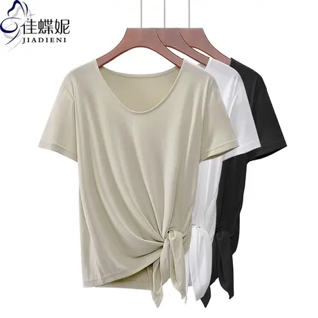 夏季新款韩版纯白圆领宽松休闲开叉打结短袖体恤上衣内搭女打底衫商品大图