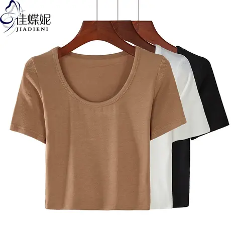 夏季新款圆领修身短款纯棉短袖体恤上衣内搭打底女装纯色韩版T恤商品大图