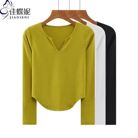 秋冬新款韩版桃领下摆圆弧修身纯欲纯棉纯色长袖体恤上衣内搭女装图片