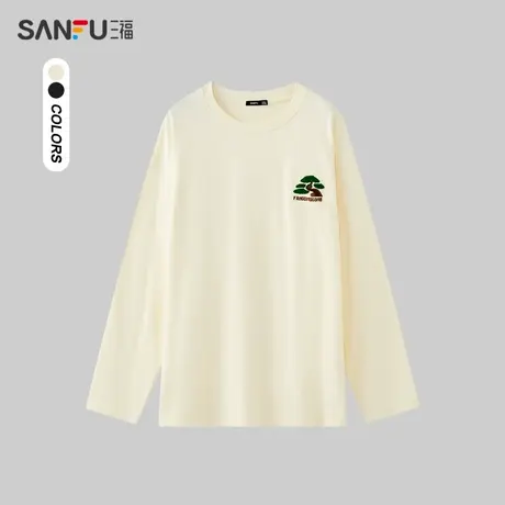 三福2023冬男士青松刺绣长T恤 休闲宽松圆领纯棉上衣男476207商品大图