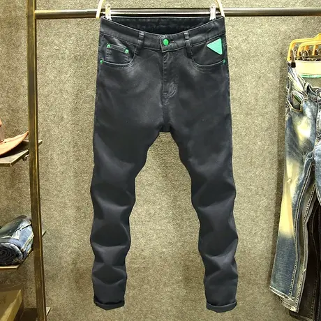 夏季薄款黑色牛仔裤男潮牌修身小脚裤欧货高端绿标设计百搭长裤子商品大图