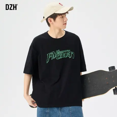 青少年黑色圆领短袖t恤男夏季纯棉印花上衣2023新款五分袖体恤衫商品大图