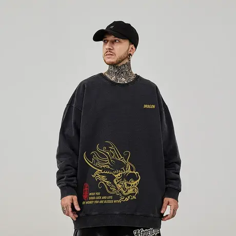 2024龙年美式复古重磅大码男装春秋圆领宽松加肥加大胖子男生卫衣商品大图