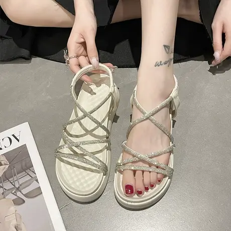 凉鞋女外穿2023年夏春新款松糕厚底沙滩鞋配裙子仙女风水钻罗马鞋图片